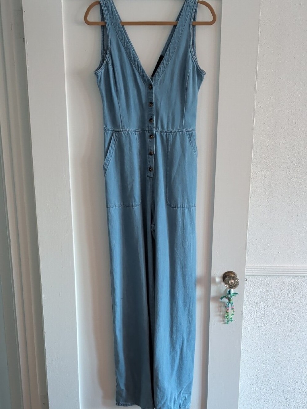 BCBGMaxAzria Light Blue Denim Button-Front Wide Leg Jumpsuit - Picture 3 of 6